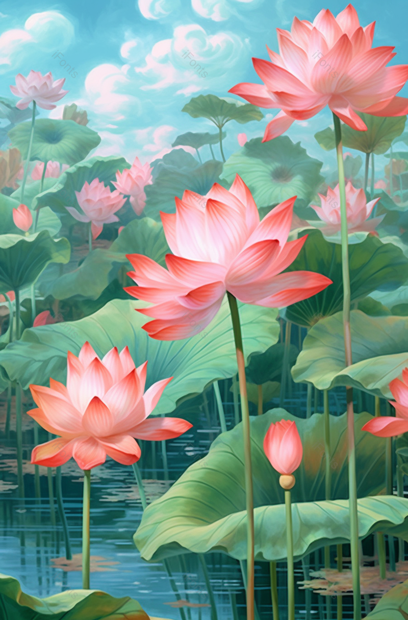 手绘湖面荷花绽放背景,插画/手绘图,插画/手绘图库,插画/手绘图下载,插画/手绘